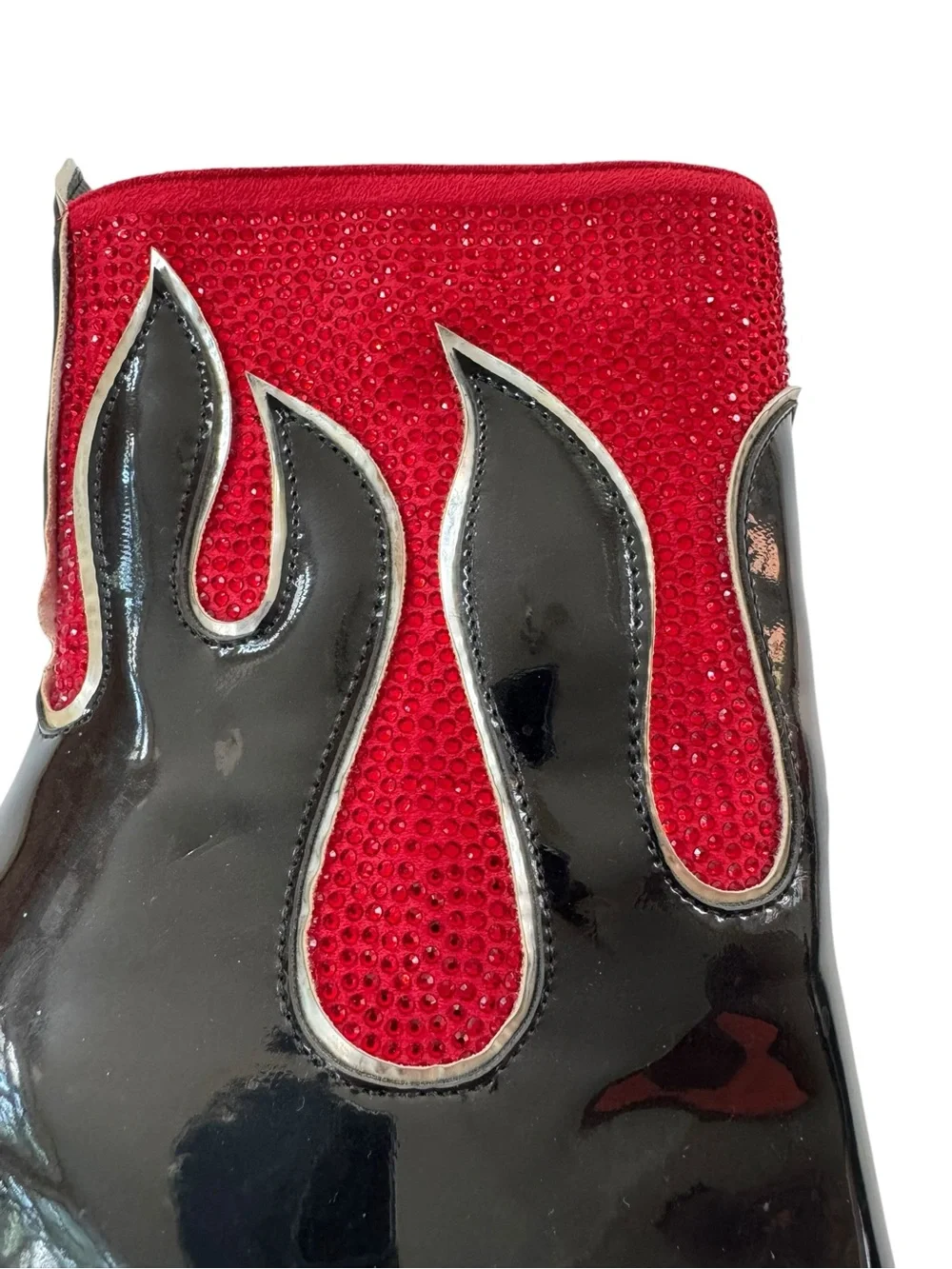 NEW Azalea Wang Rhinestone Black Patent Red Flame Stiletto Boots Size 7